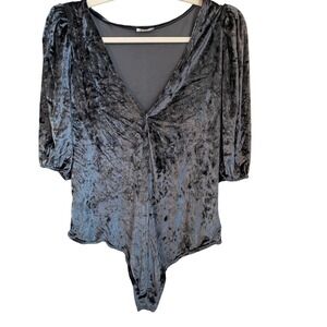 Intimately Free People XL Don't You Wish Gray Velvet Puff Sleeve Bodysuit